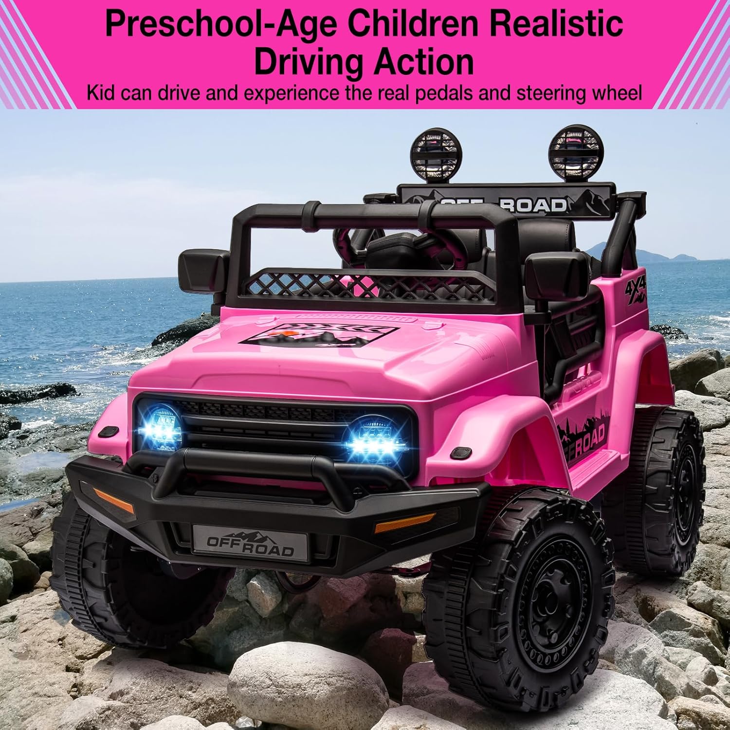 Garvee 12V Kids Ride On Truck Car with Remote Control - Electric Ride On Toys for Toddlers, Spring Suspension, 3 Speeds, LED Lights, Bluetooth Music & Parent Safety Brake