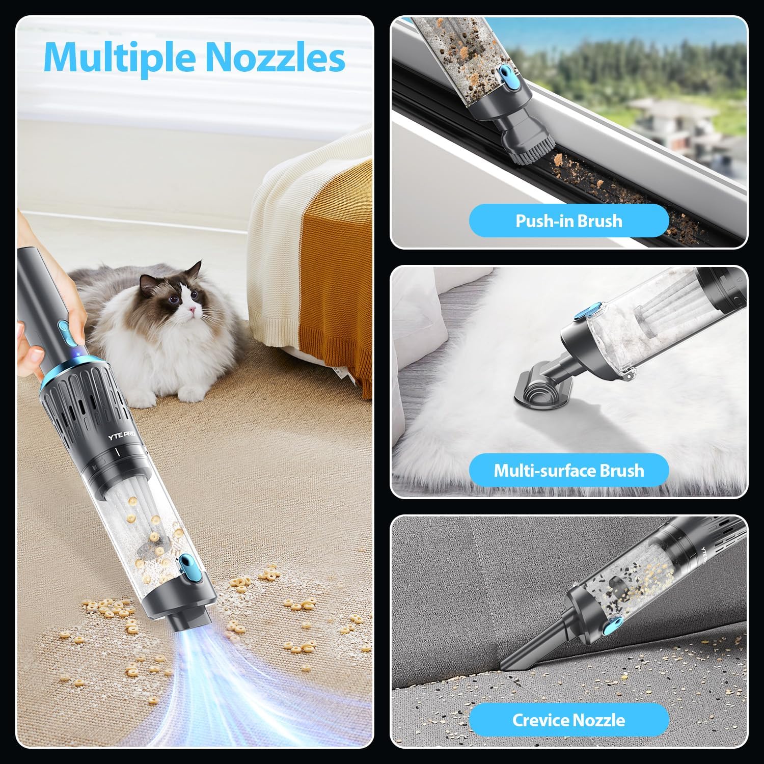 Handheld Vacuum Cordless 15000PA Car Vacuum 3-in-1 Hand Held Vacuums 1.1 Pounds Hand Vac Cordless Rechargeable One-Touch Empty for Cleaning Cars Offices Homes Pet Hair and Dust (Blue)
