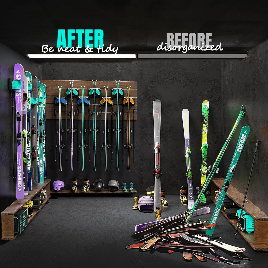 Ski & Snowboard Wall Rack for Garage Wall Fits Any Ski/board, Ski Wall Mount Holders Damage-Free Storage Rack, Garage Organization Space-Saving Winter Gear Organizer, Green, 4 Pack