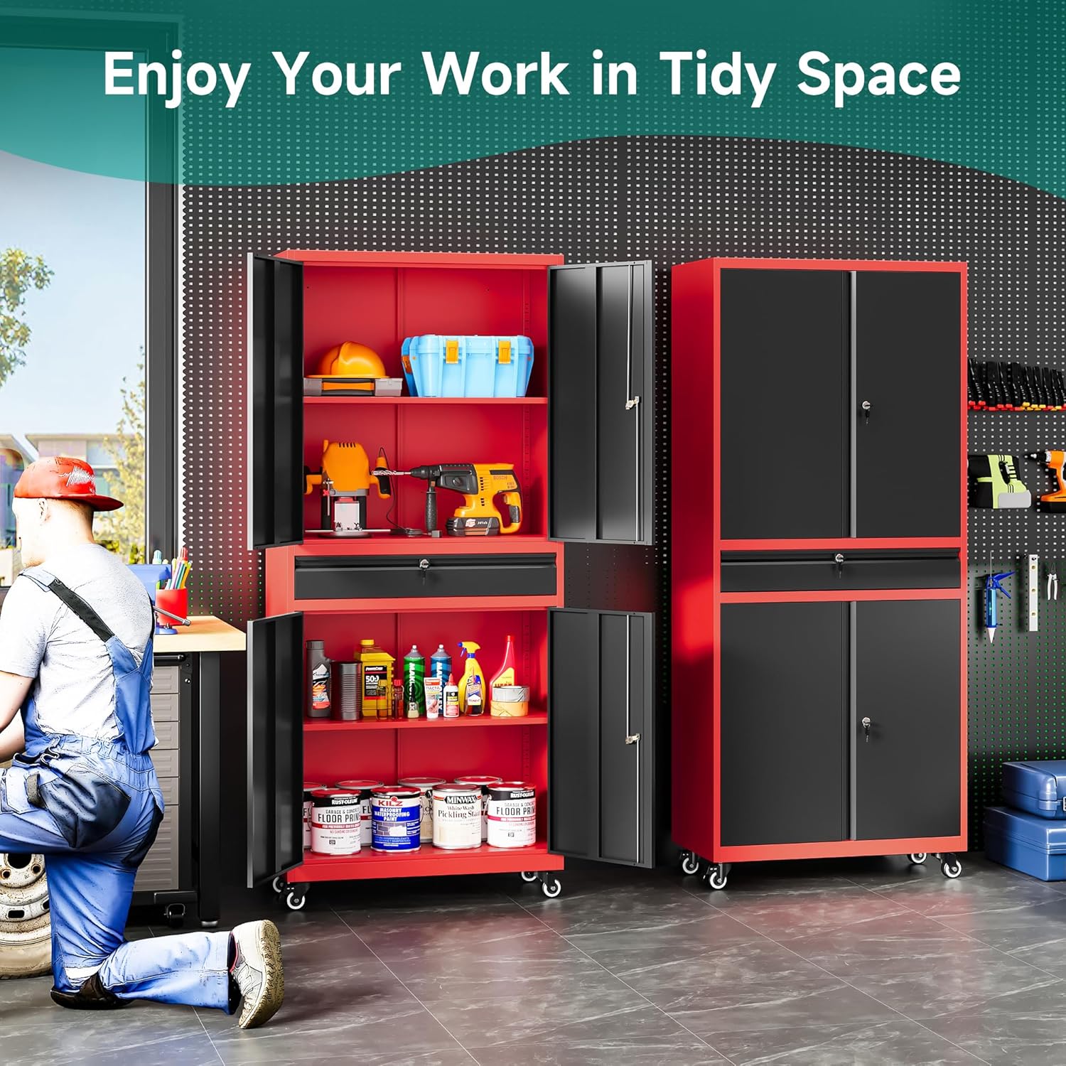 SISESOL Metal Storage Cabinet with Wheels and Drawer,Rolling Garage Storage Cabinet with Lock,Black Red Metal Cabinets with Wheel,73" Mobile Tall Tool Cabinets on Wheel for Home,Office,Garage,Shop