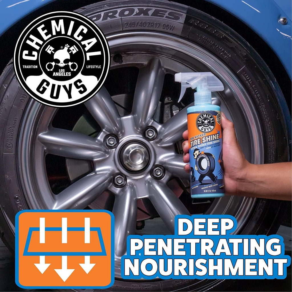 Chemical Guys Tire Kicker Sprayable Extra Glossy Tire Shine With Applicators (Works on Rubber, Vinyl & Plastic) Safe for Cars, Trucks, Motorcycles, RVs & More, 16 fl oz