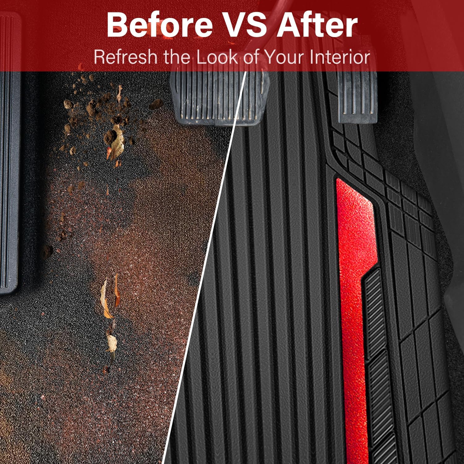 CAR PASS Heavy Duty Rubber Car Mats Metallic S~L Size, Aluminum Film All Weather Floor Mats Waterproof Universal Trim to Fit SUV Sedan Van Truck 4 Piece Deep Dish Two-Tone Sporty Black Red Chrome