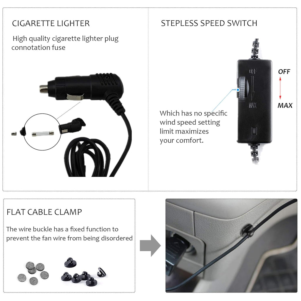 Car Fan for Backseat Auto 12V Electric Cooling Fan Portable Car Seat Headrest for Sedan SUV RV Boat, with 360° Rotatable Dual Head, Stepless Speed Regulation, Cigarette Lighter Plug