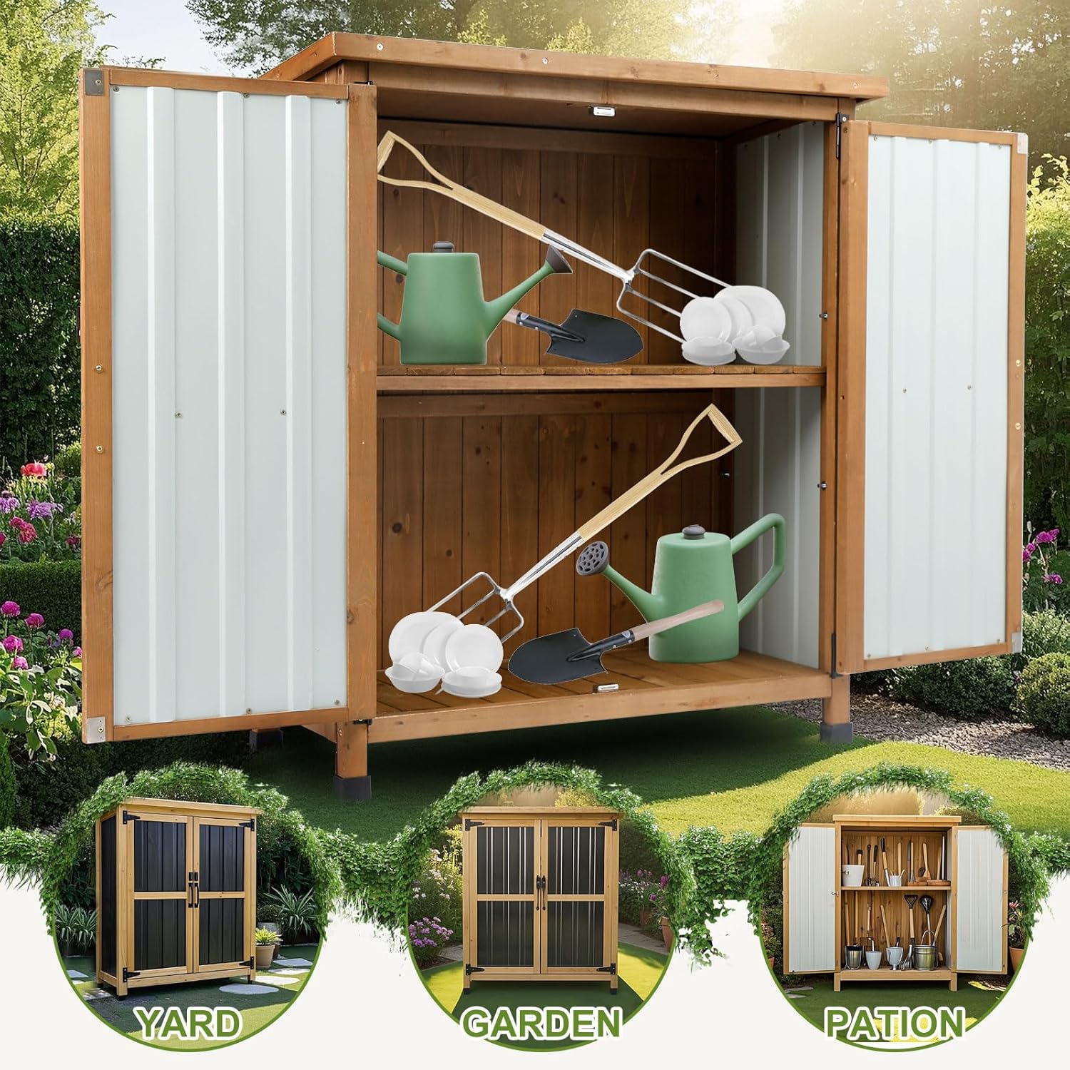 Outdoor Storage Cabinet, Small Wood & Metal Storage Shed with Lockable Doors & Adjustable Shelves, Vertical Outdoor Cabinets Weatherproof for Patio Backyard,Garden Tool Shed and Accessories, Brown
