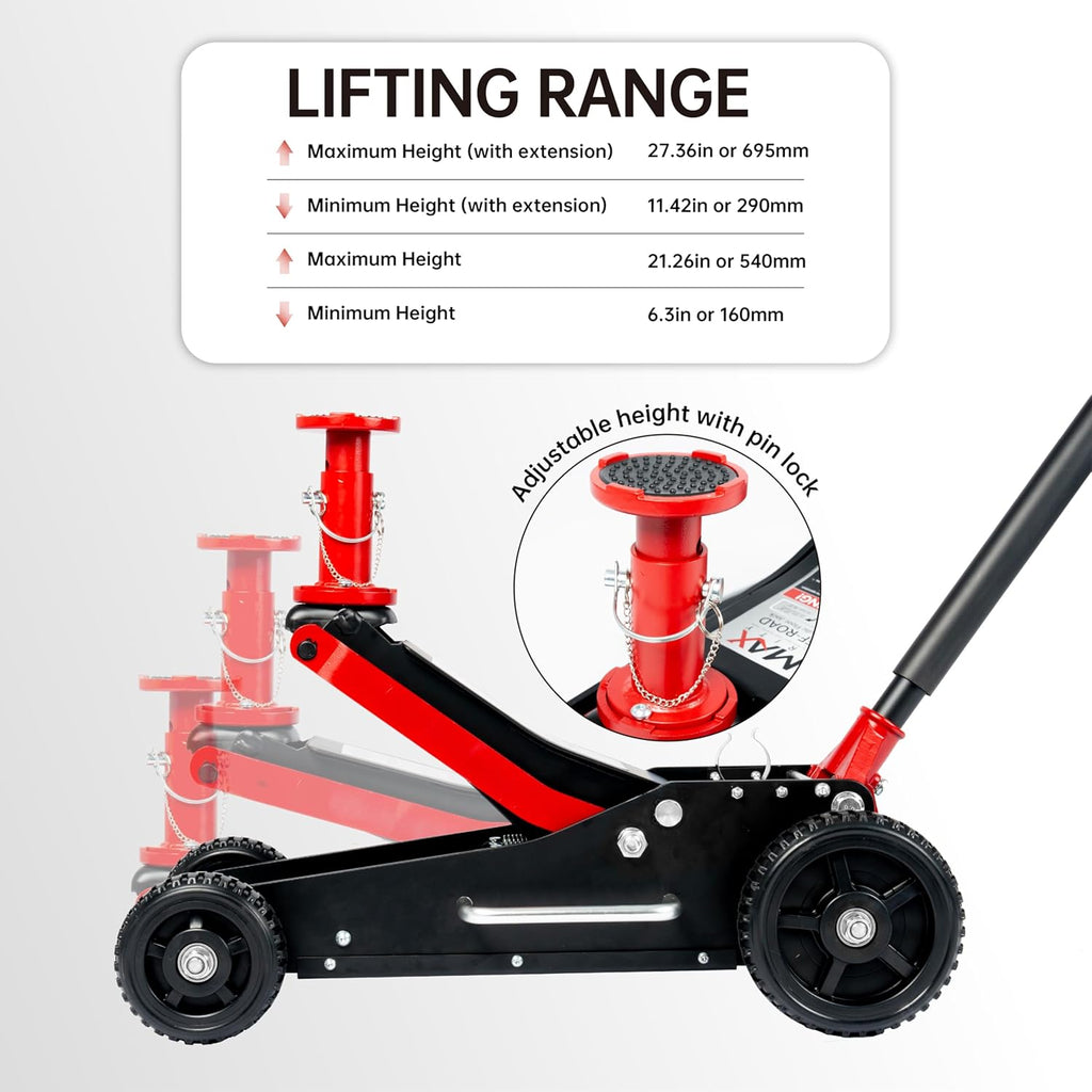 3 Ton (6600 lbs.) Big Wheel Dual Pistons Heavy-Duty Steel Construction Off-Road Jack, Hydraulic Car Jack with Extra Saddle, for Trucks, SUVs, ATVs
