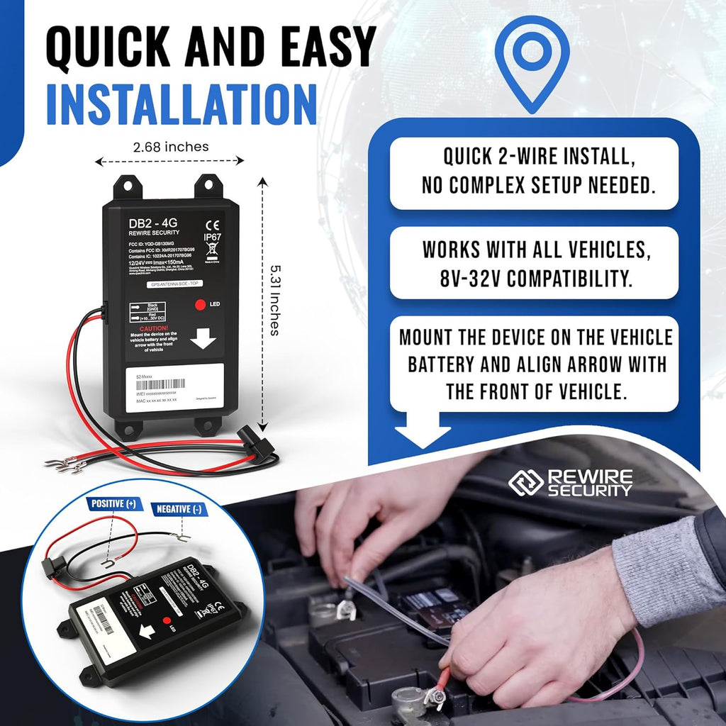 REWIRE SECURITY DB2 Wired GPS Tracker for Vehicles | Easy Installation on 8V–32V Batteries | Fits with Car, Truck, Trailer, RV, Van, Boat & Motorbike | Live Tracking | Low Cost Subscription Plans