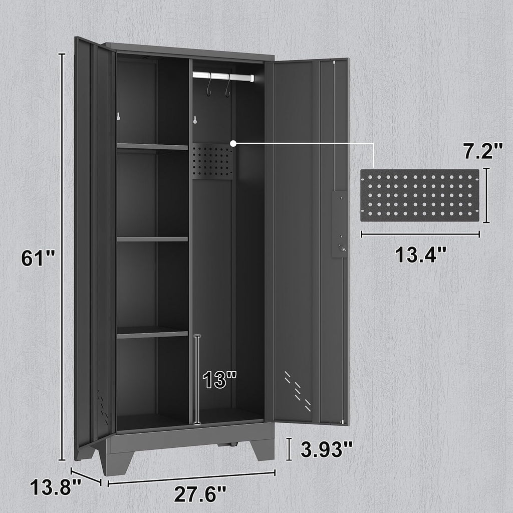 61" H Metal Storage Cabinet, Utility Cabinets with Locking Doors, Laundry Cabinet with Hanging Rod, Garage Tool Storage Cabinets for Home Office, Garage, Bathroom (Black)