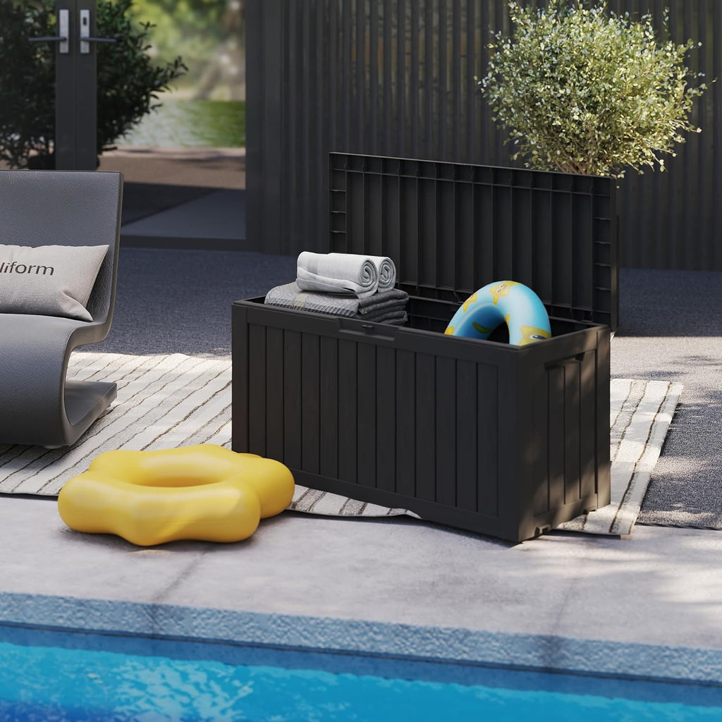 90 Gallon Lockable Resin Deck Box with Wheels, Waterproof & UV-Resistant Outdoor Storage Box for Outdoor Cushion Storage, Garden Tools & Pool Accessories Storage, Black