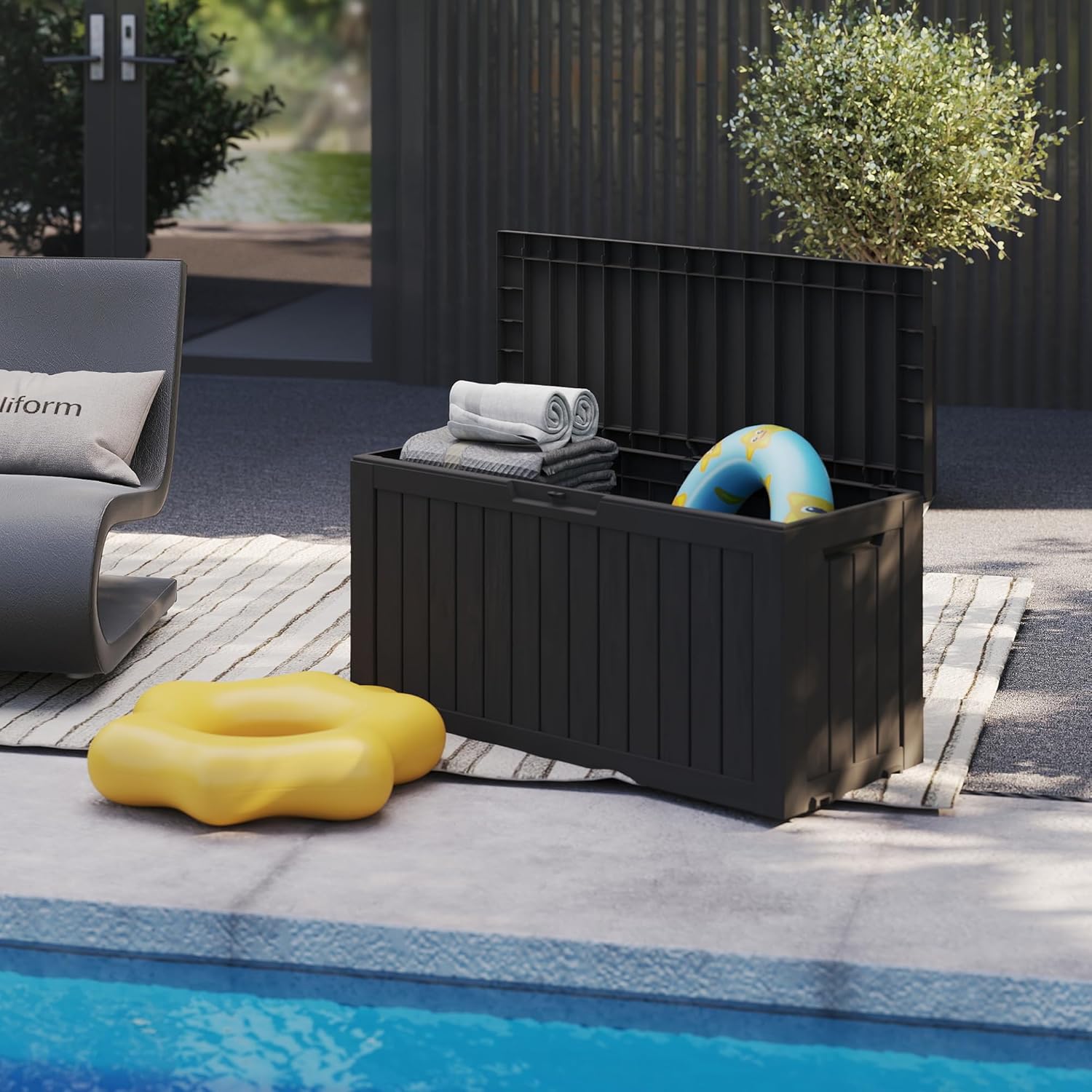 90 Gallon Lockable Resin Deck Box with Wheels, Waterproof & UV-Resistant Outdoor Storage Box for Outdoor Cushion Storage, Garden Tools & Pool Accessories Storage, Black