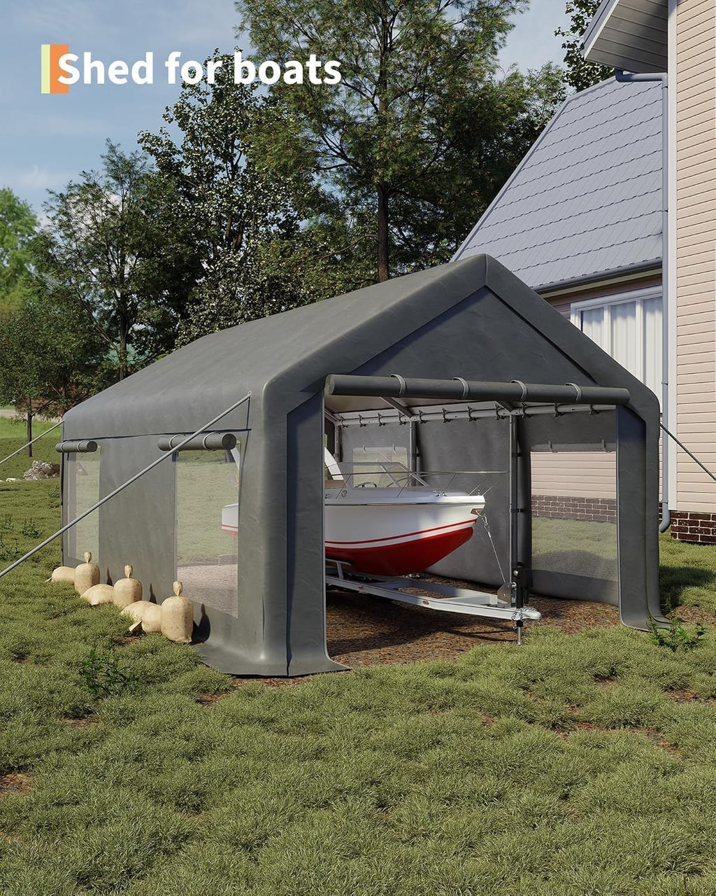 13 x 20ft Heavy-Duty Carport Canopy with Roll-Up Windows & DoorsThickened Wind Ropes, Ground Nails, Portable Car Tent Garage for Cars, Trucks, Boats, 180G Durable Tarp Cover,Grey