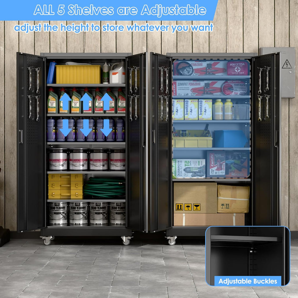 Garage Storage Cabinet with Wheels & Pegboard, 71" H×34" W×18" D Locking Metal Storage Cabinet with 2 Doors and 5 Adjustable Shelves for Garage Workshop Home, Black, Assembly Required