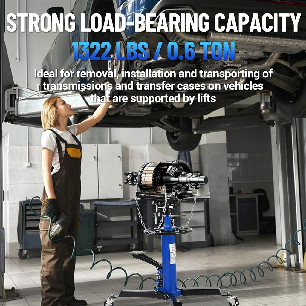 Dual Plunger Hydraulic Transmission Jack 1322lbs Capacity, 33.5"-69" High Lift 2-Stage Hydraulic Telescoping Jack, Trans Jack Stand with 8MM Non-Slip Pad, Foot Pedal & Swivel Wheel, Blue