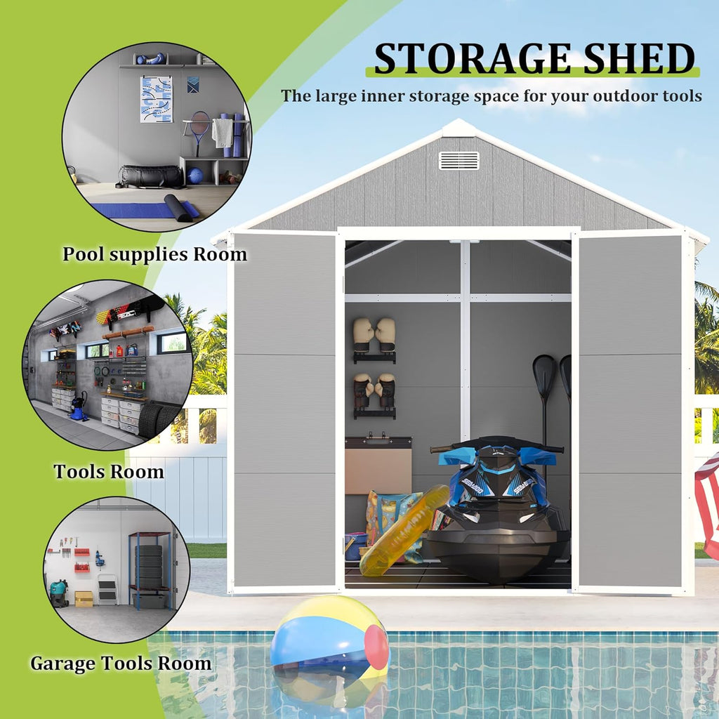 MyVoice 8x8 FT Outdoor Resin Storage Shed with HD Window, Rustproof Waterproof Garden Tool Shed, 12mm Thickened PP Panels, Large Capacity Outdoor Utility House for Backyard Patio (with Floor)