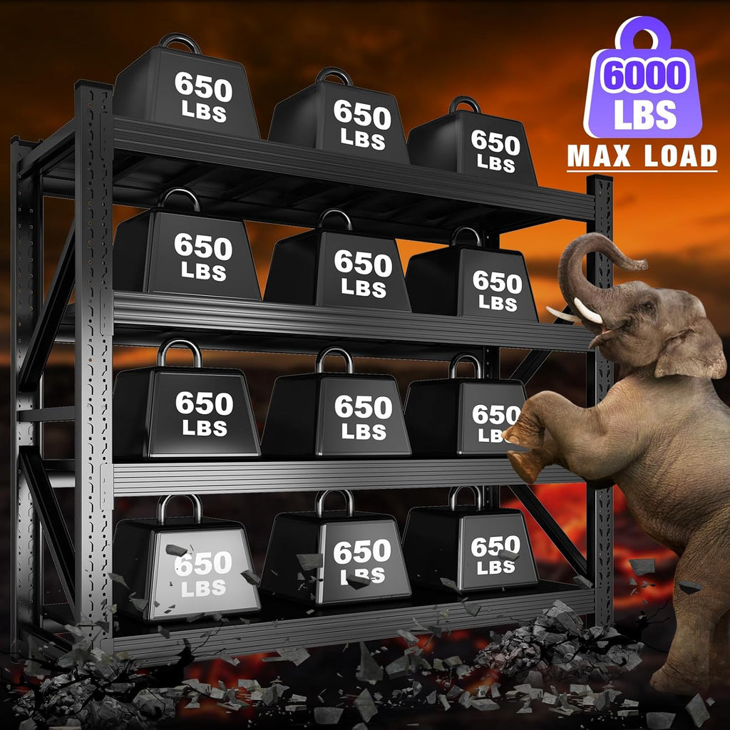 Metal Garage Shelving Unit, Heavy Duty 4-Tier Adjustable Storage Rack, 6000 LBS Loads Industrial Utility Shelves for Garages, Warehouses, Kitchen, Black, 71" W x 24" D x 71" H