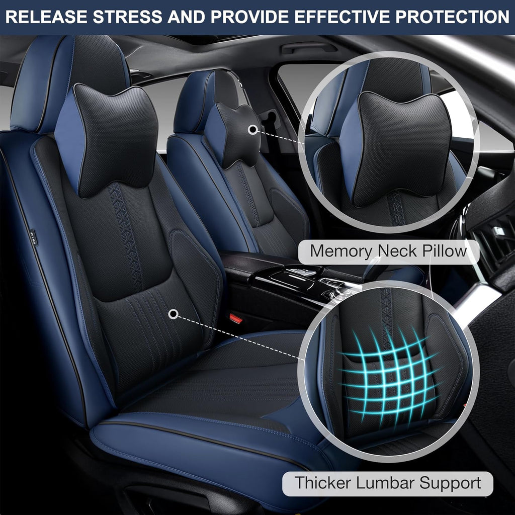 Car Seat Covers Full Set, Front and Rear Seat Covers for Cars, Waterproof Leather Auto Seat Protectors with Head Pillow, Car Seat Cushions Fit for Most Sedans SUV Pick-up Truck, Black&Navy