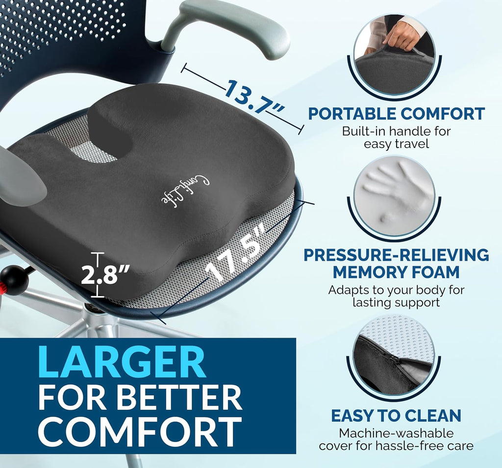 ComfiLife Premium Gel & Memory Foam Seat Cushion – Doctor Recommended Office Chair Cushion, Car Seat Cushion – Chair Cushions for Back & Sciatica Pain Relief – Seat Cushions for Office Desk (Charcoal)