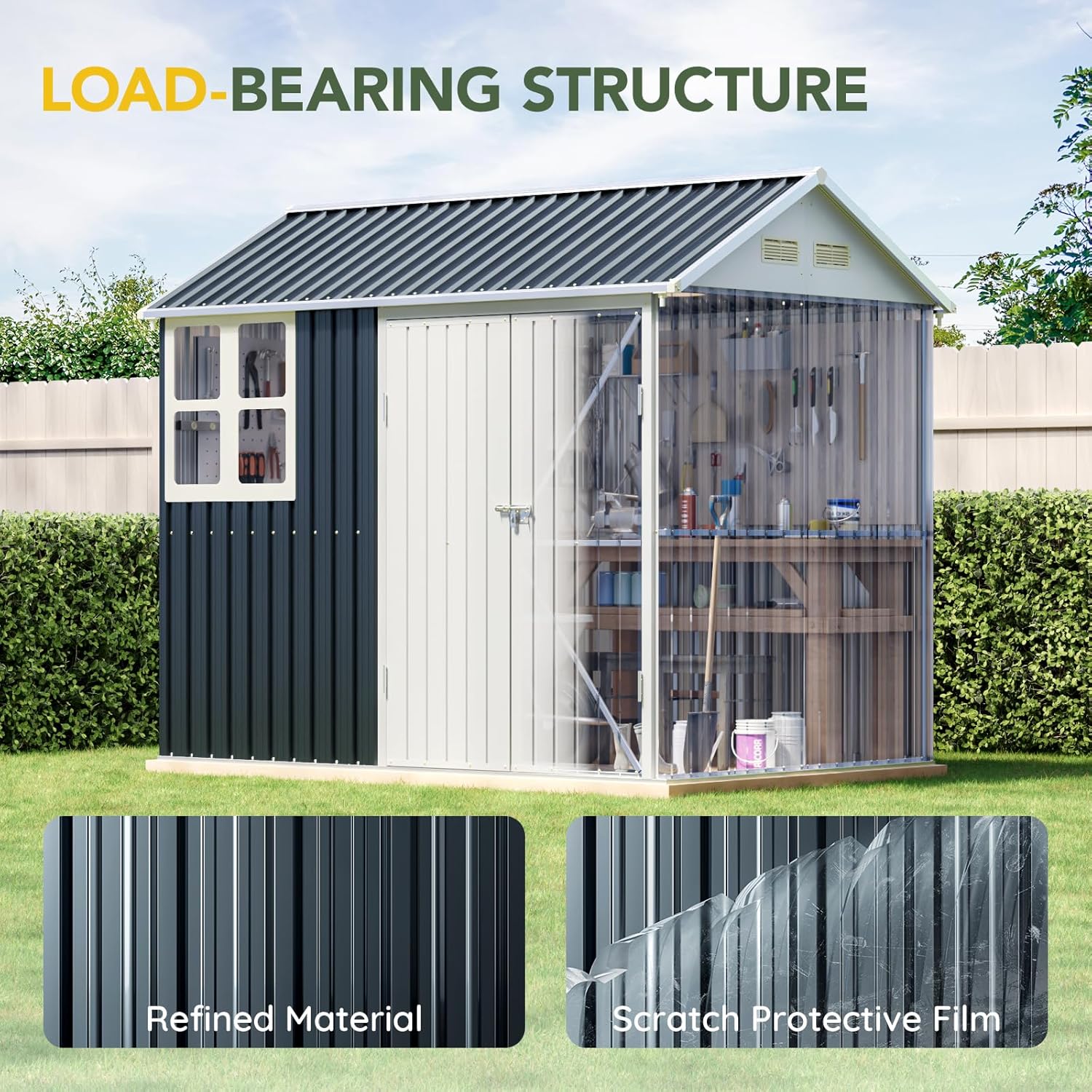 Breezz 6X8FT Outdoor Steel Storage Shed with Clear Window, Lockable Doors, Weather-Resistant Metal Tool Shed for Garden, Backyard, Patio, and Utility Storage.Nightblue