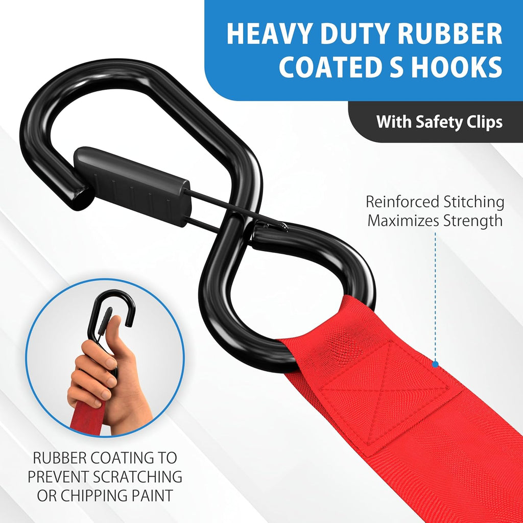 HandT USA Based Retractable Ratchet Straps (2PK) 1in x 6ft - 1,500lb Break Strength, Heavy Duty Automatic Ratchet Straps Self Retractable Tie Down, Push Button Retracting Truck Trailer Cargo | Red