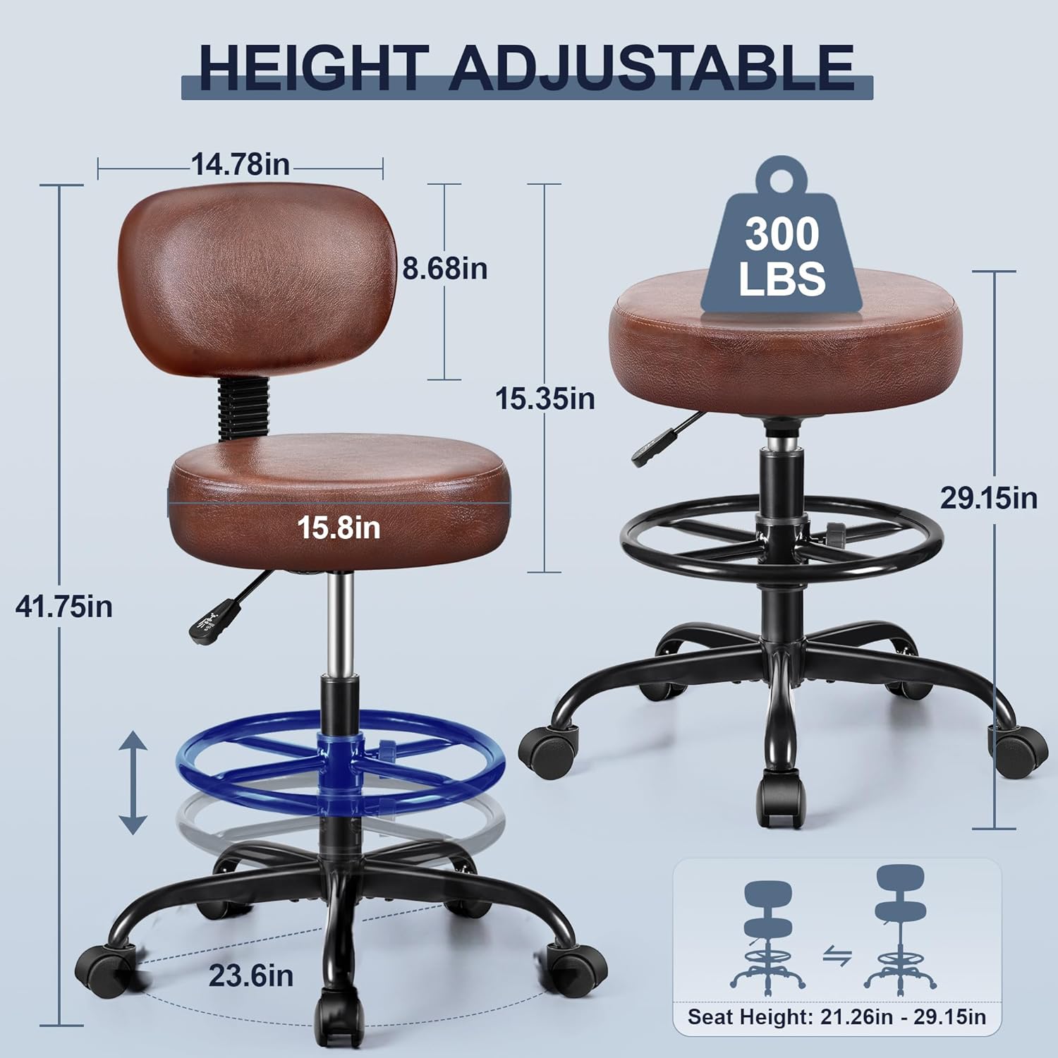 Drafting Chair with Backrest – Adjustable Foot Rest Rolling Stool with Wheels, PU Leather Swivel Stool for Office Spa Studio Lab Counter Salon Home Work Bar Kitchen Shop(Ember Brown)