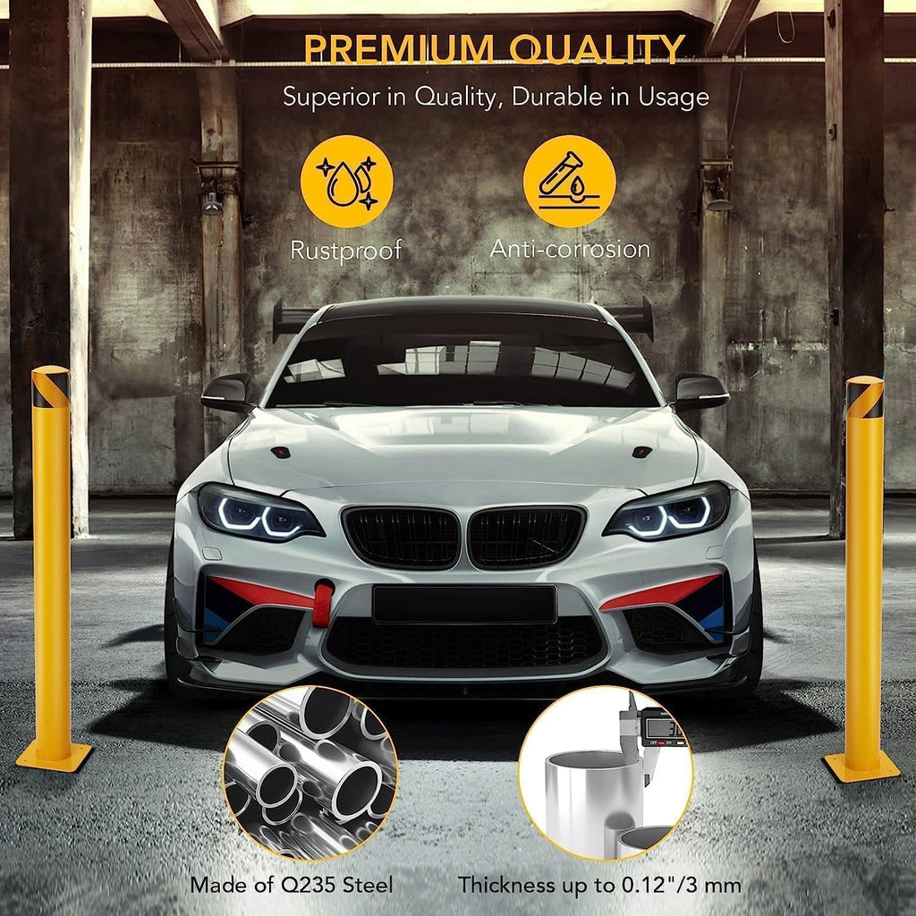 4-Pack Heavy Duty Safety Bollards, 42" Height, 4.5" Diameter Steel Pipe Bollard Post with 16 Anchor Bolts, High-Visibility Yellow Parking Bollard for Traffic Control, Warehouses, & Pedestrian Safety