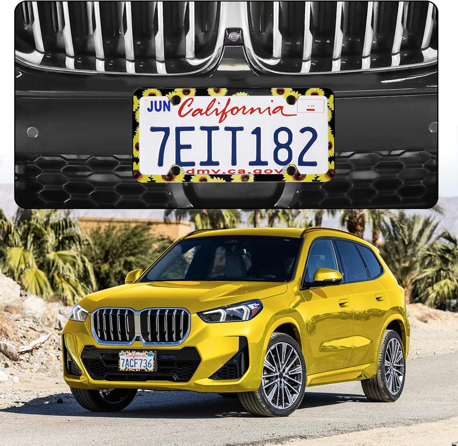 LivTee Flower License Plate Frames, 4 Holes Stainless Steel License Plate Covers, 2PCS Car License Plate Holder, Automotive Exterior Accessories, Sunflower