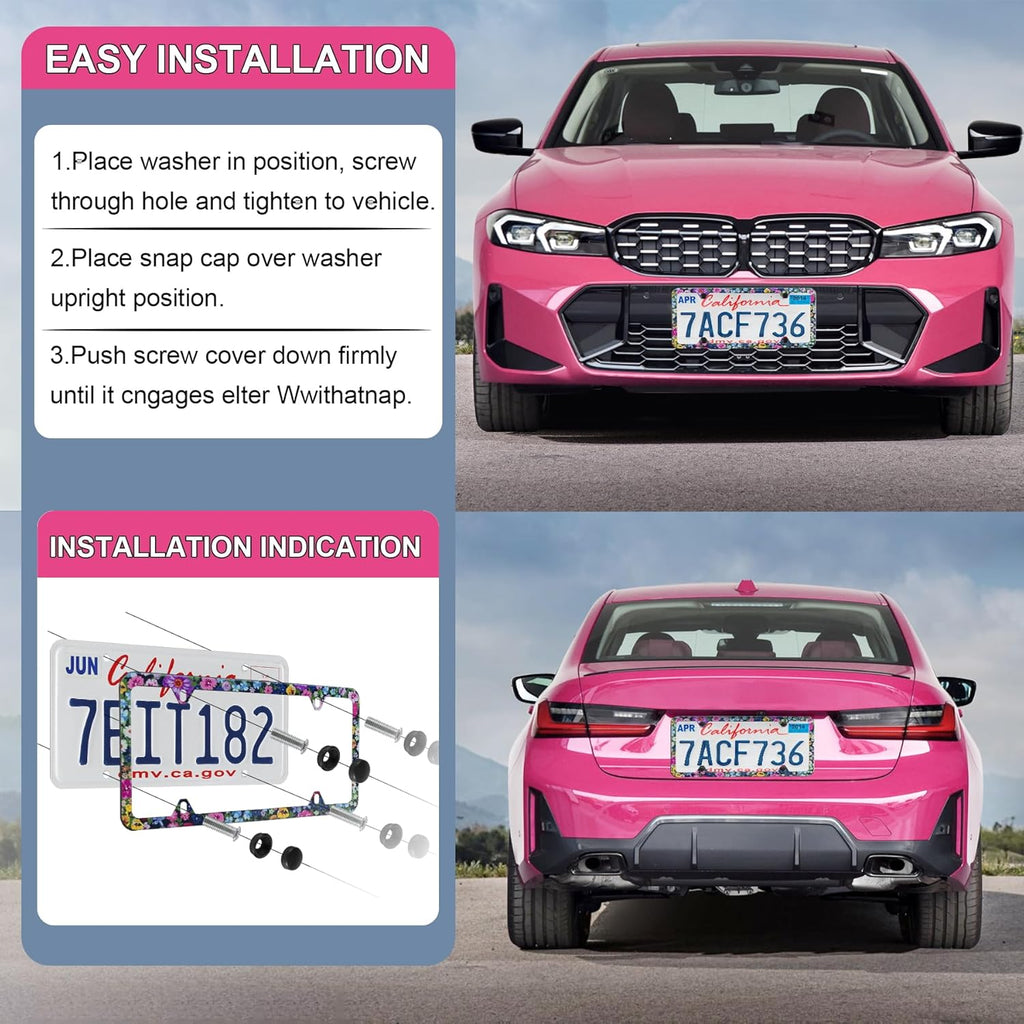 LivTee Flower Floral License Plate Frames, 4 Holes Stainless Steel License Plate Covers, 2PCS Car License Plate Holder, Automotive Exterior Accessories