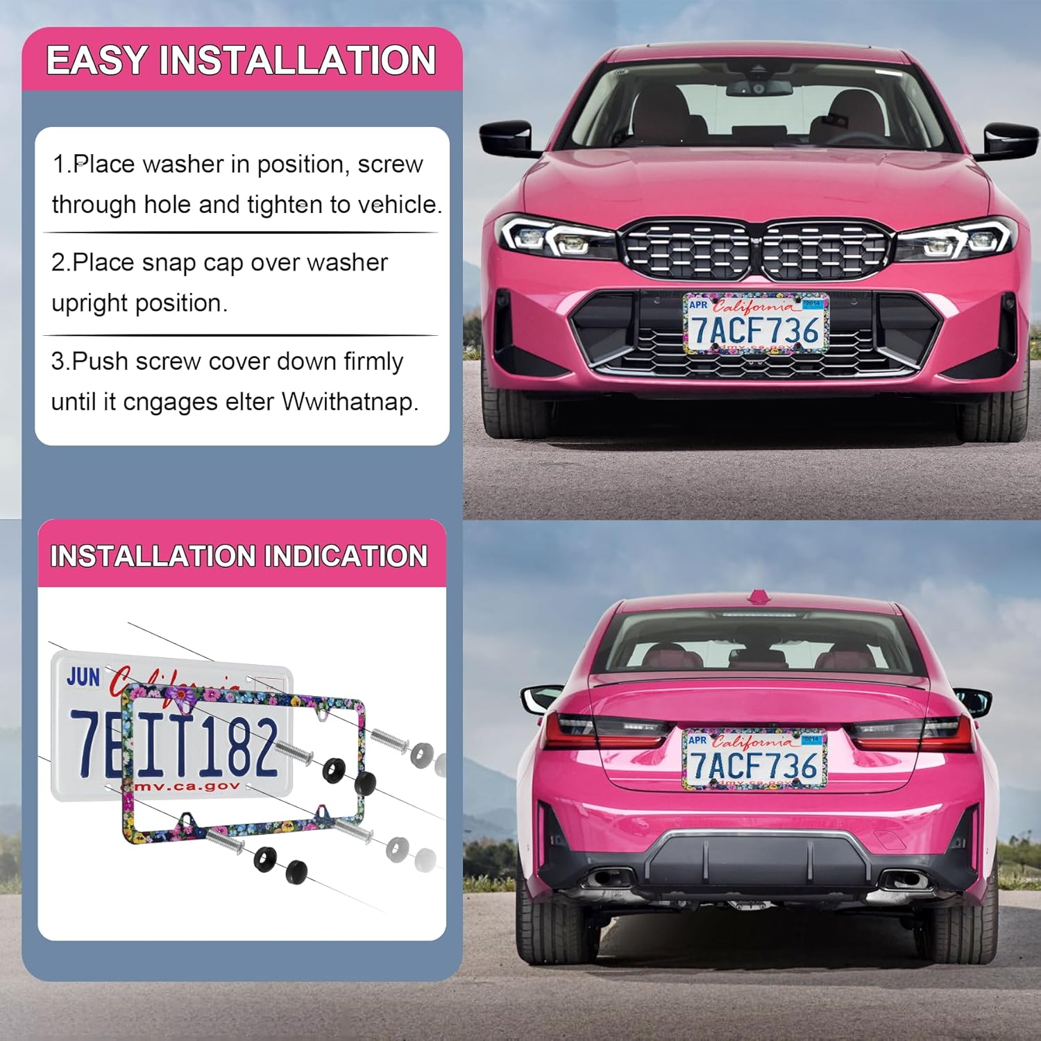 LivTee Flower Floral License Plate Frames, 4 Holes Stainless Steel License Plate Covers, 2PCS Car License Plate Holder, Automotive Exterior Accessories