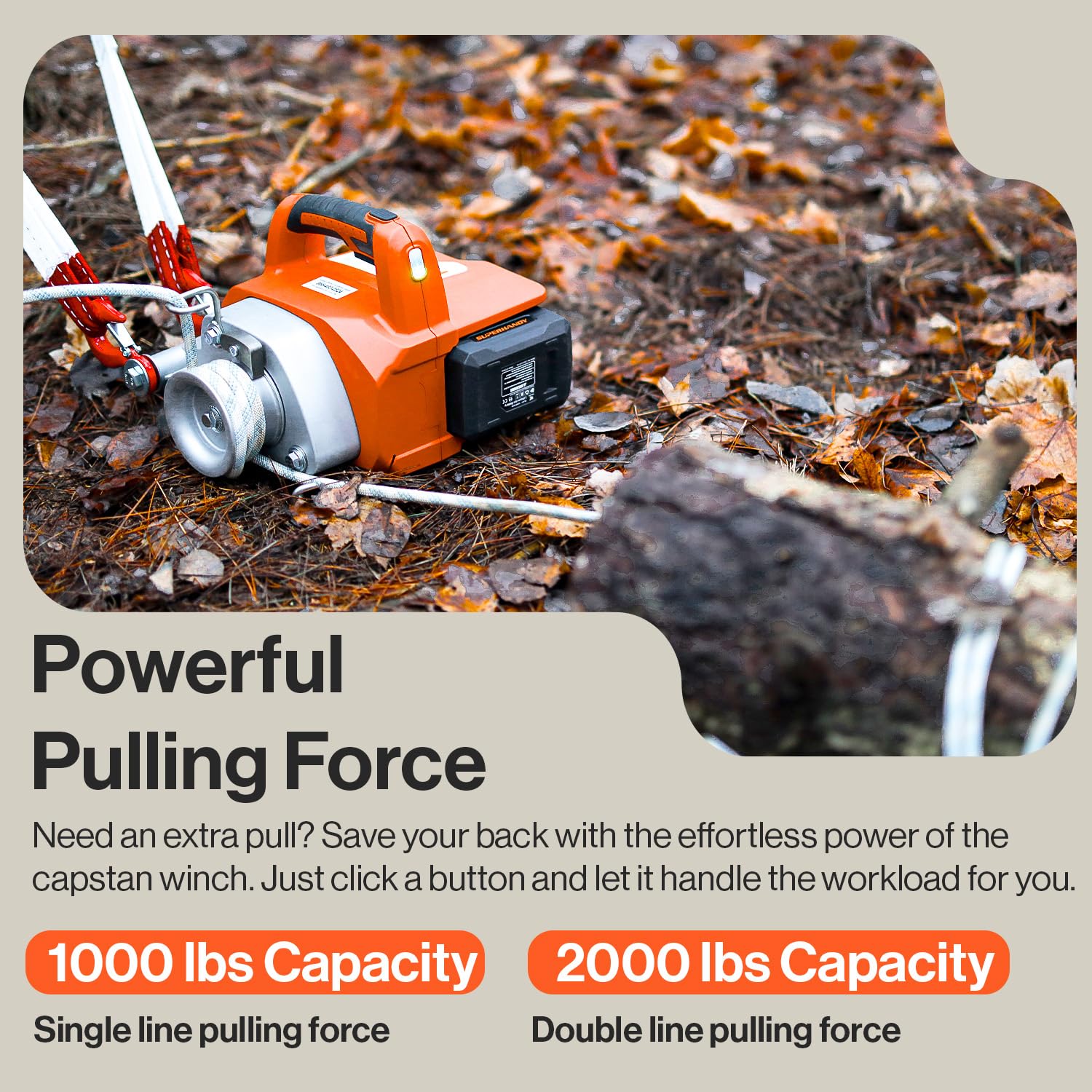 SuperHandy Electric Portable Capstan Winch, Brushless Motor, 1000-2000 lbs Max Pulling Force, Includes 100ft Low-Stretch Rope, Battery & Charger - Ideal for Forestry, Hunting, Off-Road