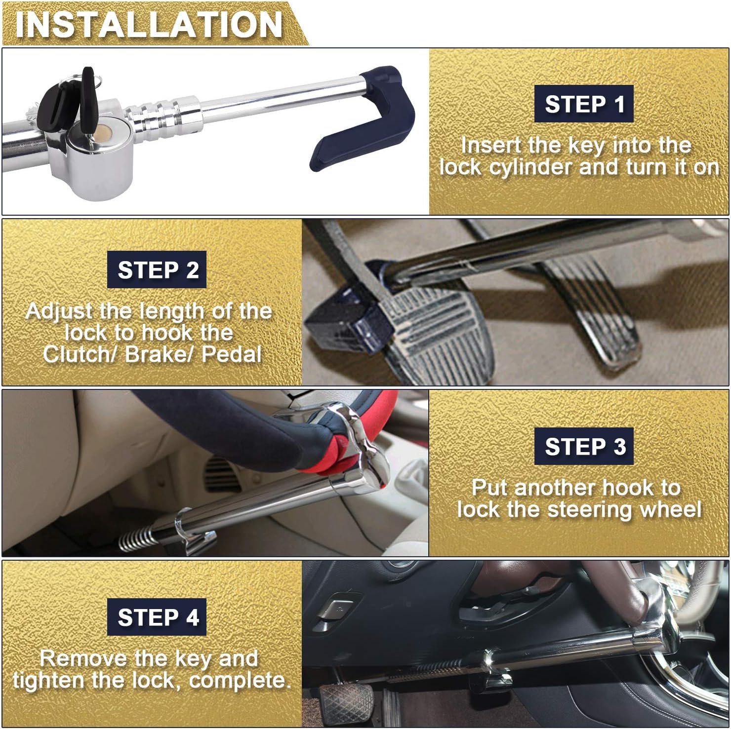 Tevlaphee Universal Steering Wheel Brake Lock Anti-Theft Retractable Double Hook Extended Car Lock Clutch Pedal for Car Truck SUV Van Security with 3 Keys(Extended)