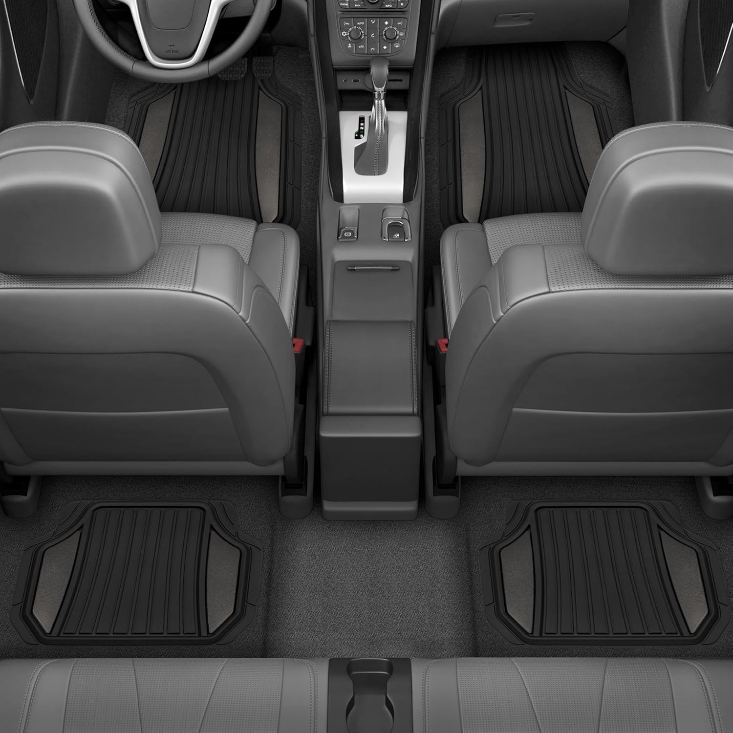 Motor Trend ChromeTech Car Floor Mats Full Set - Durable Rubber Floor Mats for Cars with Two Tone Accent, All Weather Interior Protection for Front and Rear with Non-Slip Backing, Gunmetal Chrome