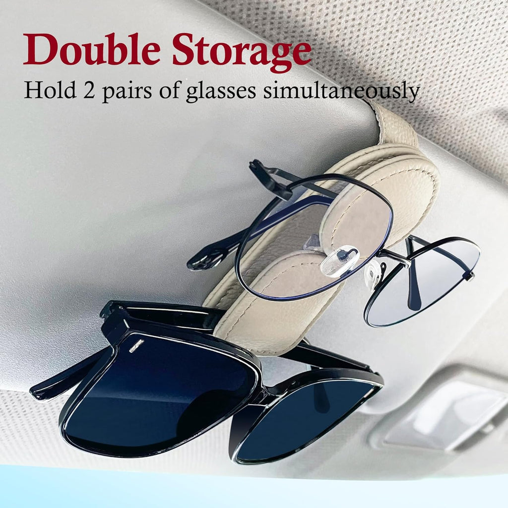 KIWEN 2 Pack Sunglasses Holder for Car Visor, Magnetic Leather Sunglass Eyeglass Hanger Clip for Car Sun Visor Accessories (2, Beige)