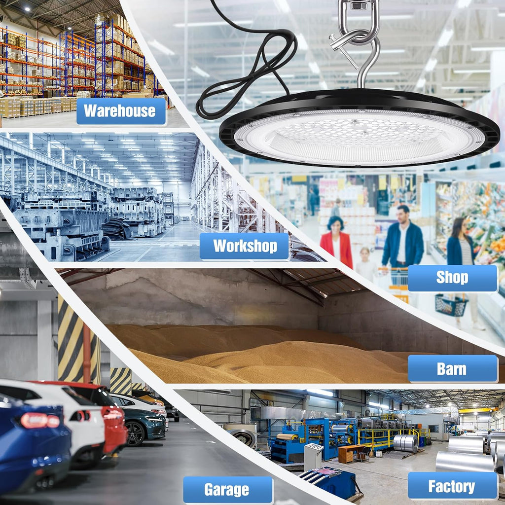 4 Pack 300W UFO Led High Bay Light Fixture,120VAC,5000K Daylight Commercial Shop Bay Lighting,45000LM,[1300W MH/HPS Equiv.] US Plug Area Lighting for Warehouse/Barn/Gym/Factory/Workshop/Garage