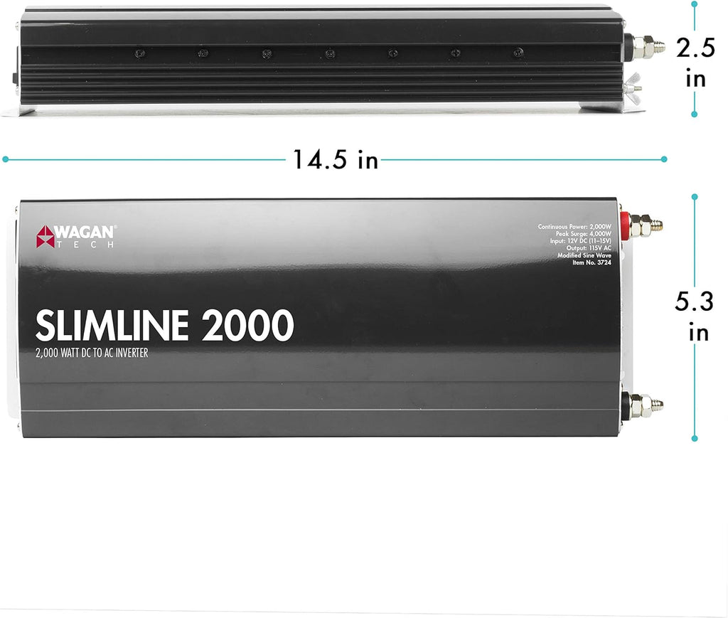 Wagan EL3724 2000W Slim Line AC to DC Power Inverter 2000W TrueRated Continuous 4500W Surge Power DC 12V to AC 110V Power Inverter with 3 AC Outlets and 2A USB Charging Port