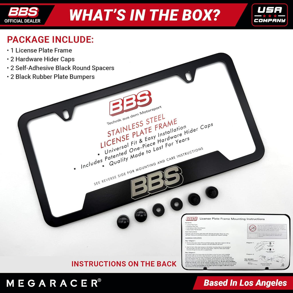 BBS Official Black Stainless Steel License Plate Frame – Made in USA – Premium Rustproof Powder-Coated Metal Car Accessory – Universal Fit – 1 Pack