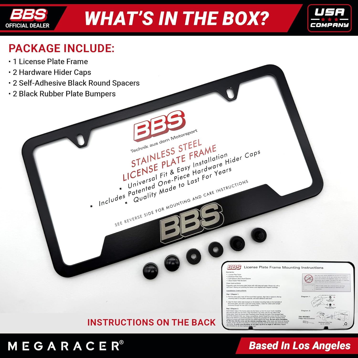 BBS Official Black Stainless Steel License Plate Frame – Made in USA – Premium Rustproof Powder-Coated Metal Car Accessory – Universal Fit – 1 Pack
