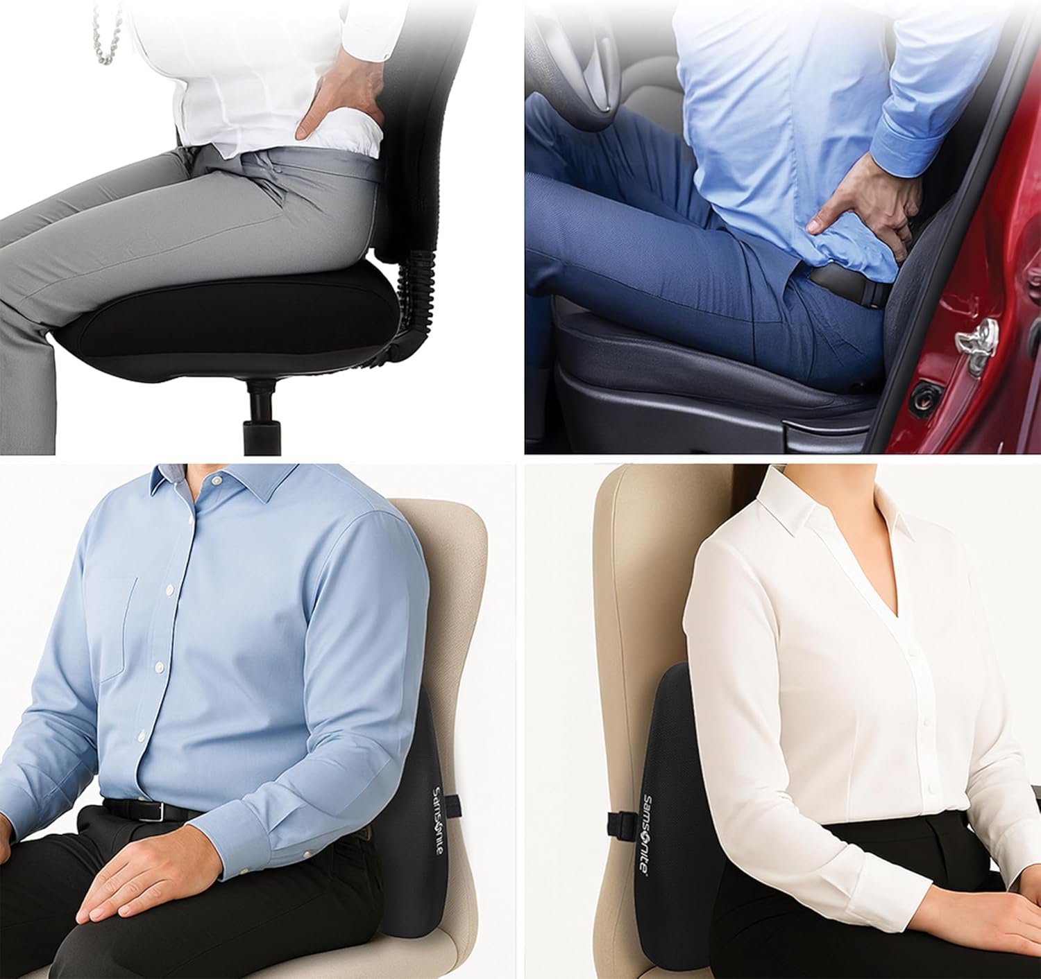 Samsonite Lumbar Support Pillow for Office Chair and Car Seat - Memory Foam Pillows Car Lumbar Support Brace, Lumbar Support Pillow for Car & Low Back Pain Relief, Black