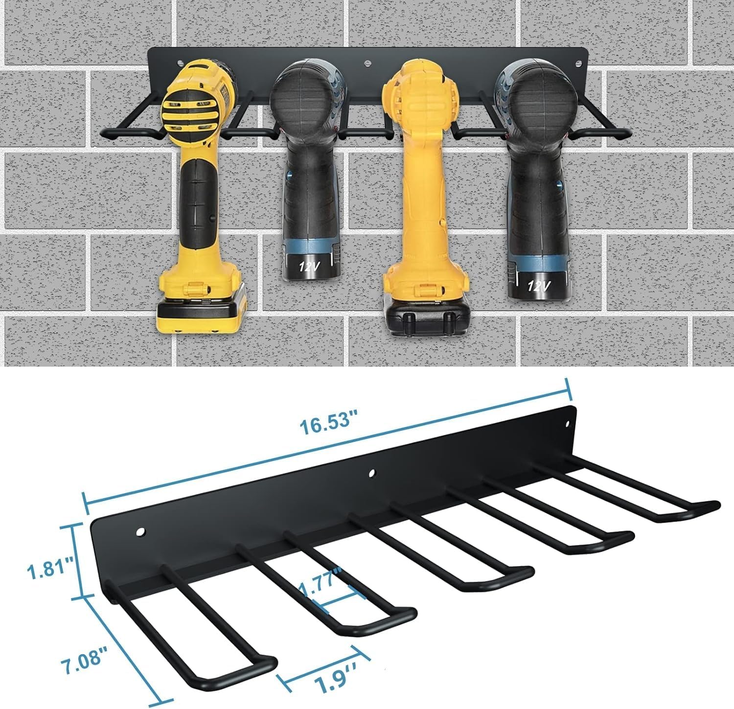 Electric Drill Storage Rack, 2PCS Heavy Duty Metal Wall Mounts, Holds 4 Drills, Compact Storage for Garage or Workshop