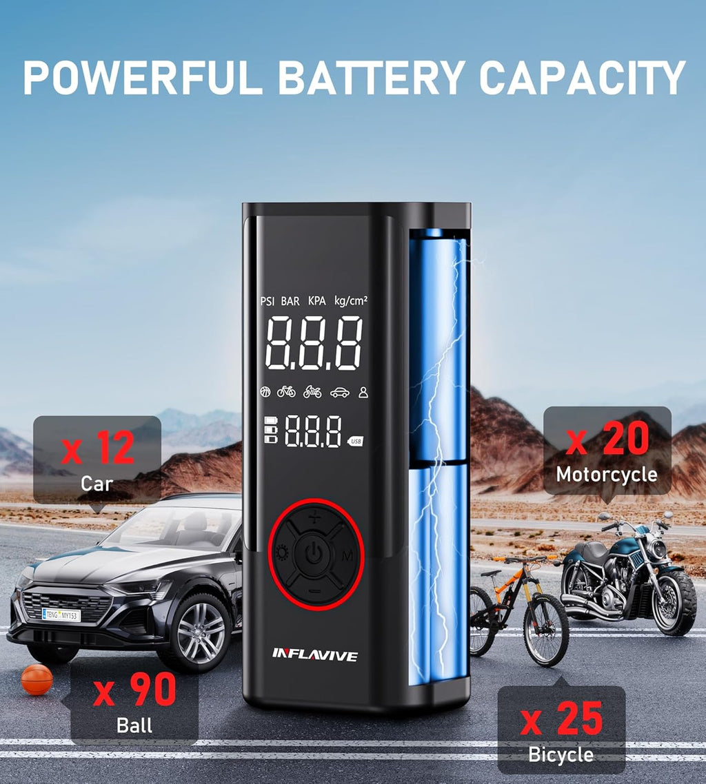 Tire Inflator Portable Air Compressor, Cordless Air Pump for Car Tires with Pressure Gauge, Battery Power Bike Tire Pump, 150PSI Portable Tire Inflator for Car, Motorcycle, Bicycle, Ball