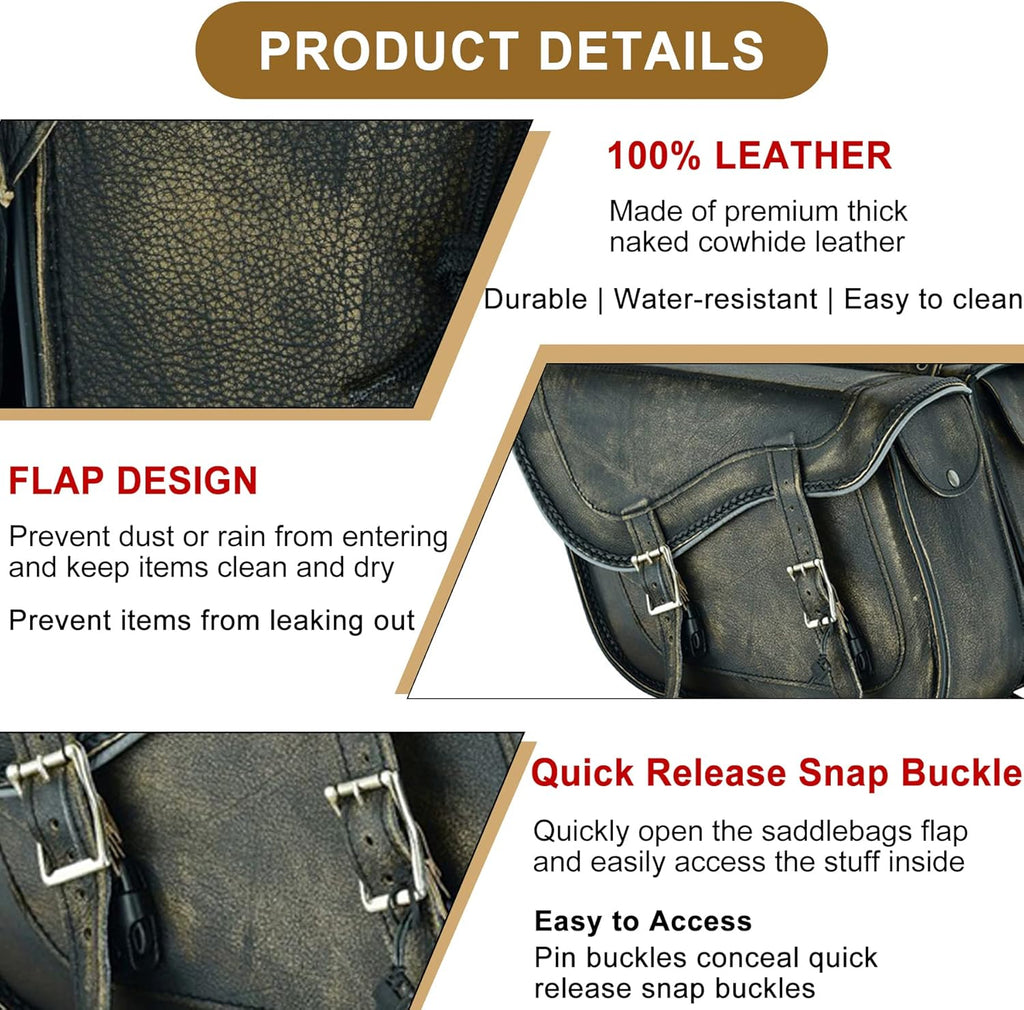 Dream Apparel Naked Cowhide Leather Motorcycle Saddle Bags Throw Over Saddlebags, Motorcycle Side Bags for Honda Shadow Sportster Softail Dyna V-star (Distressed Brown, No Studs)