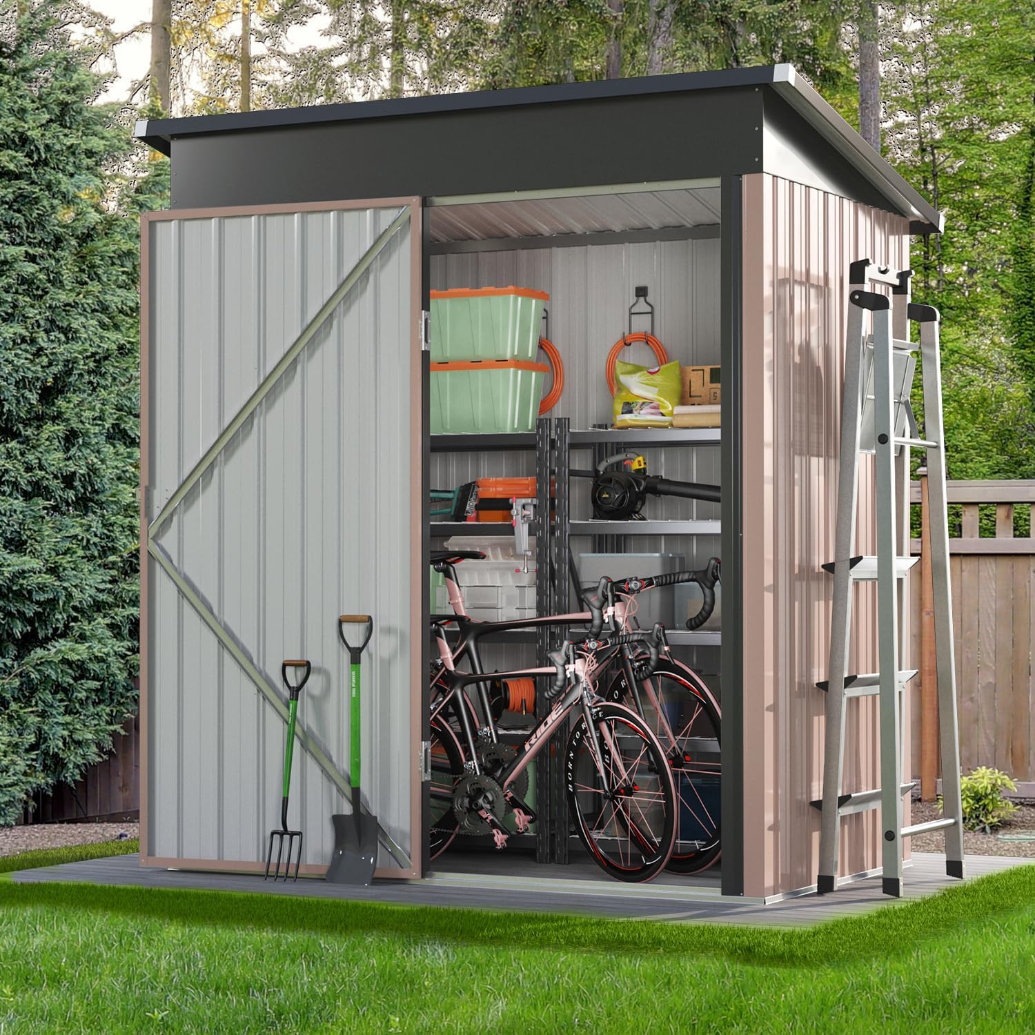 Aoxun 80 CU. FT Outdoor Storage Shed Waterproof Garden Metal Tool Shed, Brown