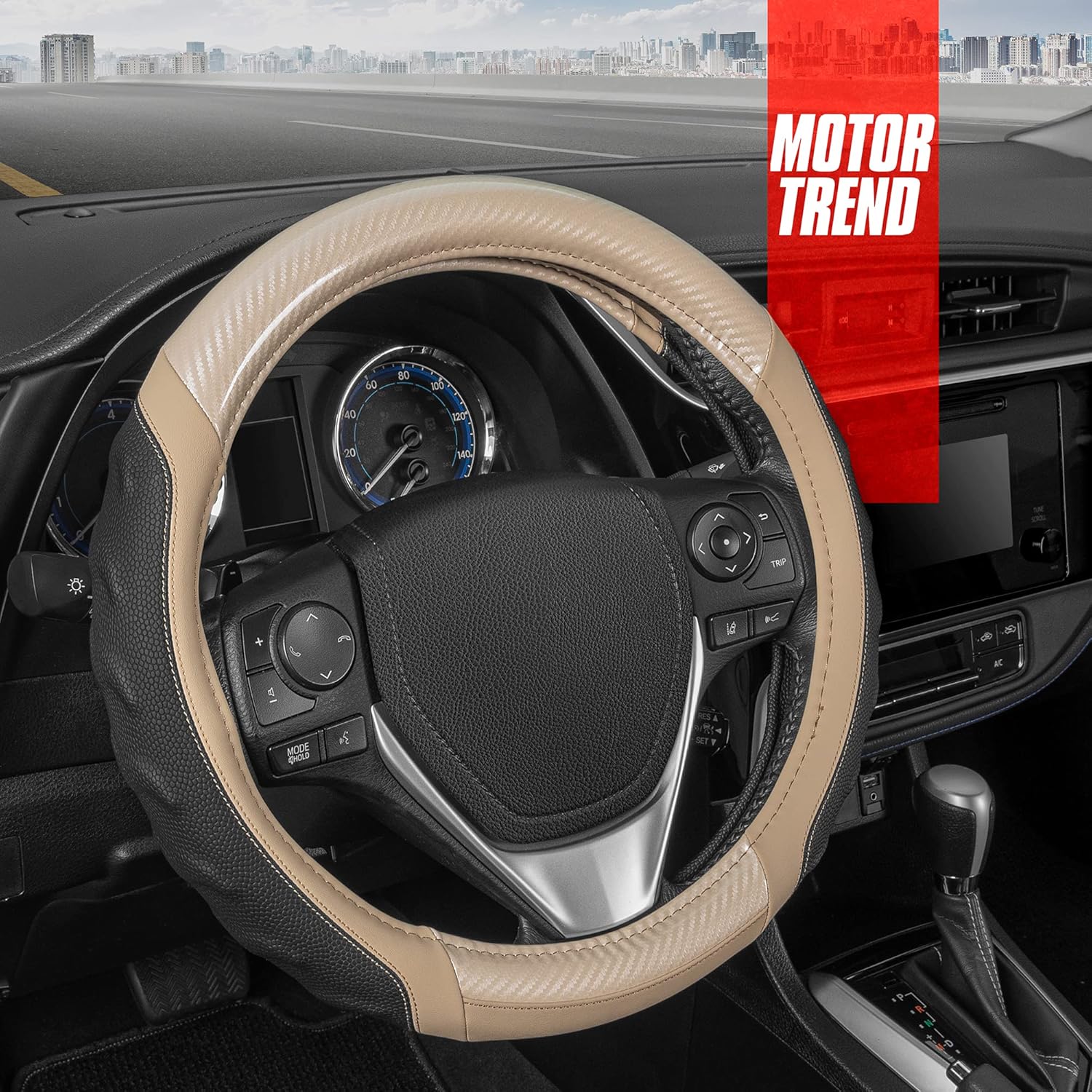 Motor Trend UltraSport Beige Carbon Fiber Steering Wheel Cover, Standard 15 inch Size, Black Faux Leather Comfort Grip, Car Steering Wheel Cover for Auto Truck Van SUV