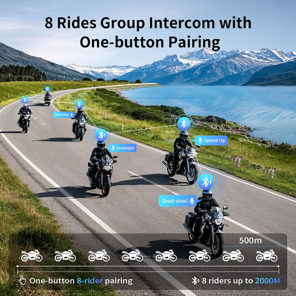 Fodsports Motorcycle Bluetooth Intercom with Music Sharing, M1S Pro 2000m 8 Riders Group Helmet Communication System Headset Universal Interphone (Waterproof/Handsfree/Stereo Music/GPS/2 Pack)