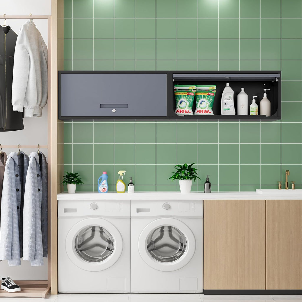 Metal Storage Cabinet Black&Gray Wall Cabinets with Locking Door - Wall Mounted Storage Cabinet for Garage Warehouse Home Office - Assembly Required