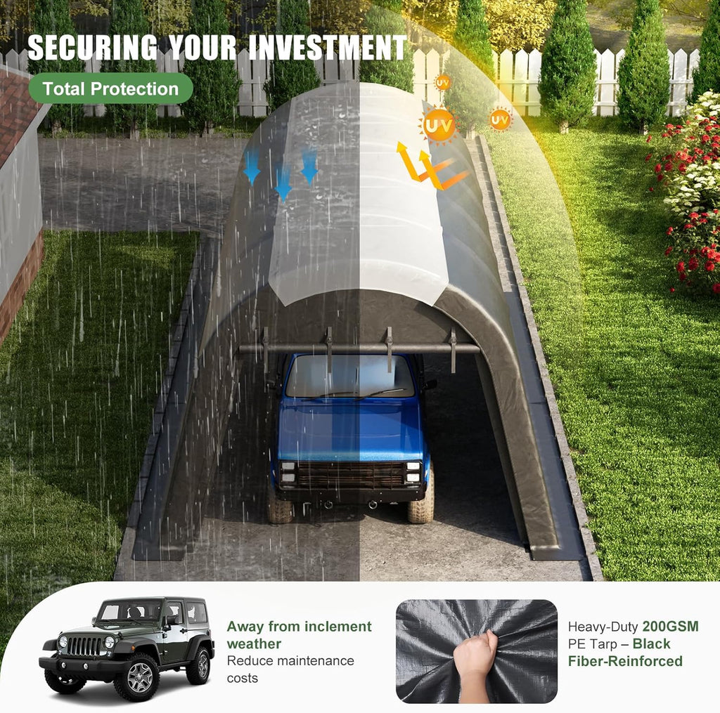 Carport Canopy 12x20 FT Heavy Duty with Translucent Roof - Reinforced Metal Frame,Waterproof Shelter for Cars/RV/ATV, Skyview Portable Garage with Zipper Doors