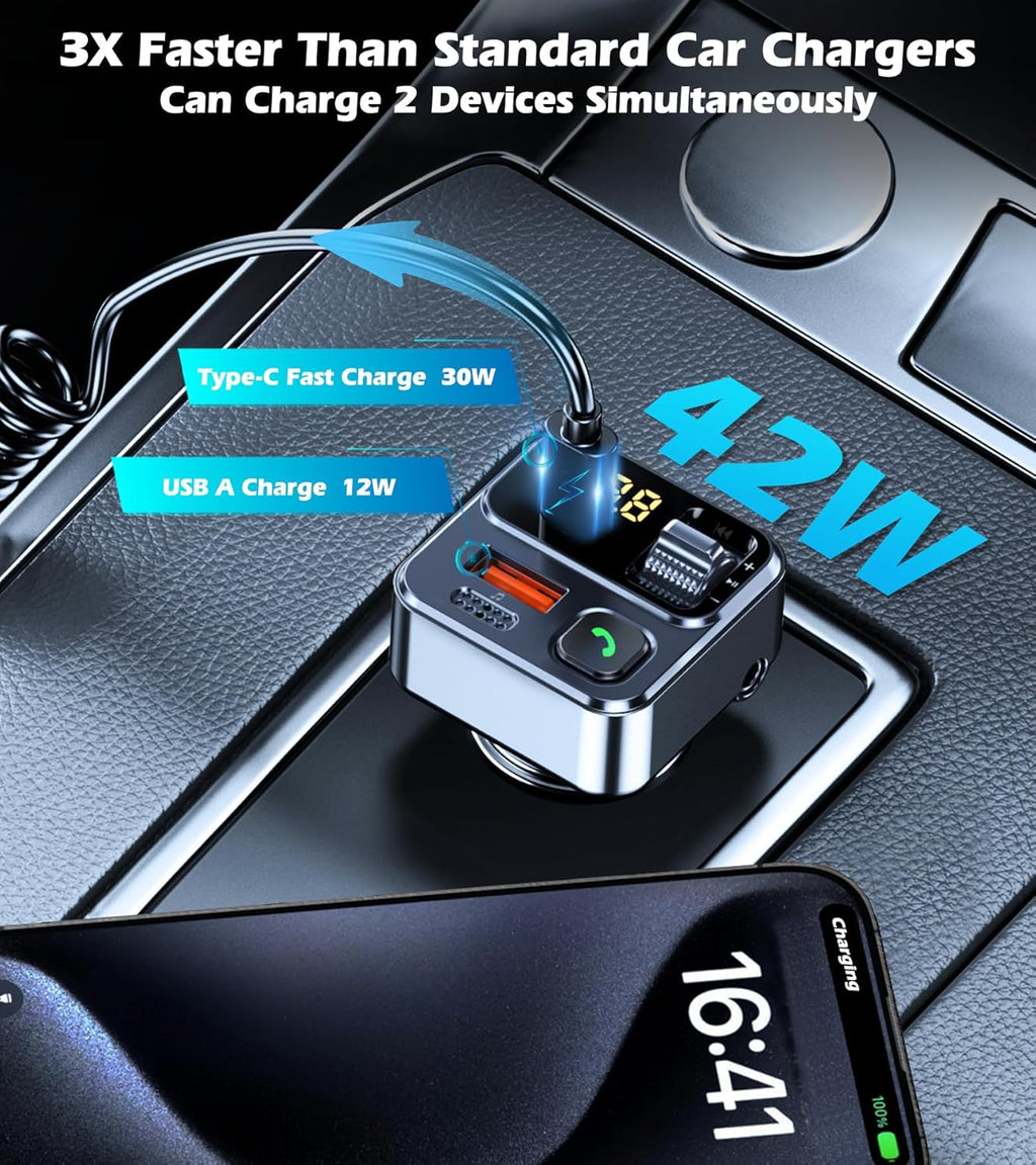 KAIY FM Transmitter Bluetooth Car Adapter, Car Radio Bluetooth Transmitter HandsFree Calling Music Player, FM Radio Adapter 42W Type-C Fast Charging, Support USB Drive