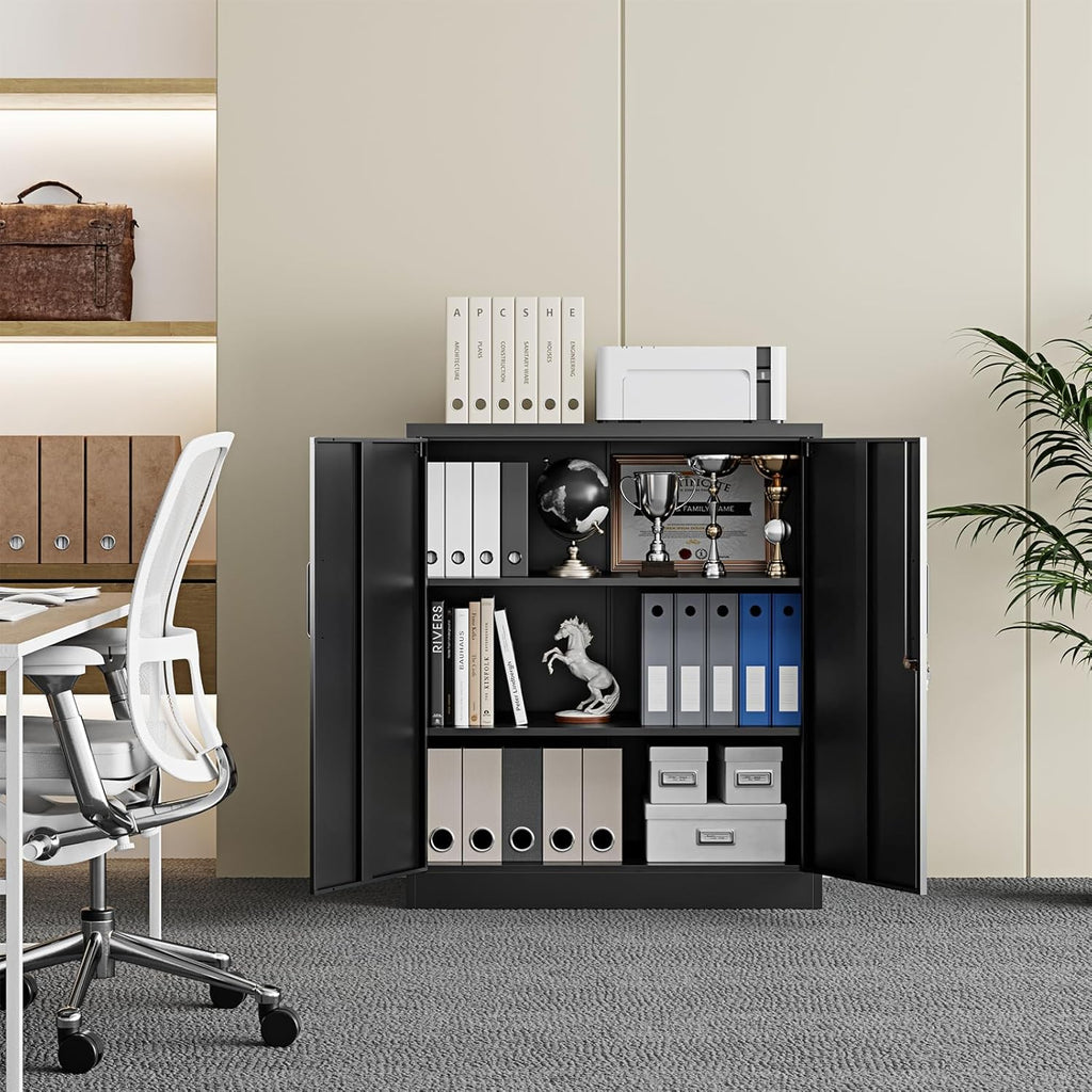 Yizosh Metal Garage Storage Cabinet with 2 Doors and 2 Adjustable Shelves - 35.5" Steel Lockable File Counter Cabinet for Home Office,Garage,Gym,School（Black）