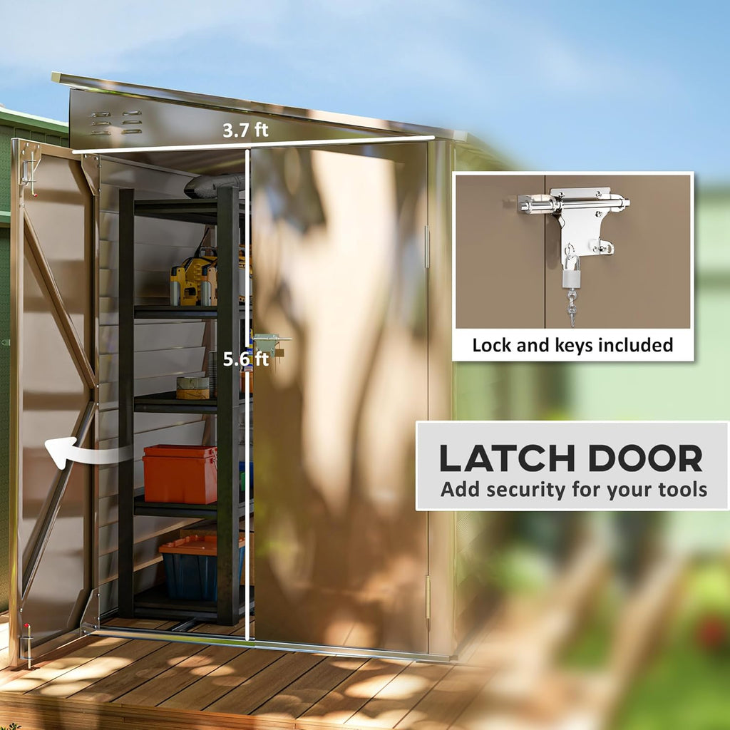Outsunny 4.6' x 9' Steel Outdoor Storage Shed, Lean to Shed, Metal Tool House with Foundation Kit, Lockable Doors, Gloves and 2 Air Vents for Backyard, Patio, Lawn, Brown