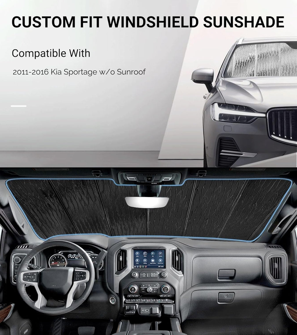 Windshield Sun Shade for Kia Sportage 2011-2016,Front Window Sunshade Shield, 2-in-1 Reflective Sun Shade,Silver for Summer, Black for Winter