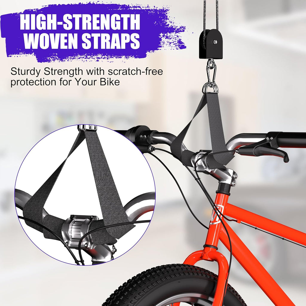 Bike Hoist, Heavy Duty Bike Pulley System for Garage Ceiling Bicycle Hanger, Bike Lift Overhead Storage Holds Up to 85 lbs Capacity, Fit 10-16 Foot Ceilings, Black