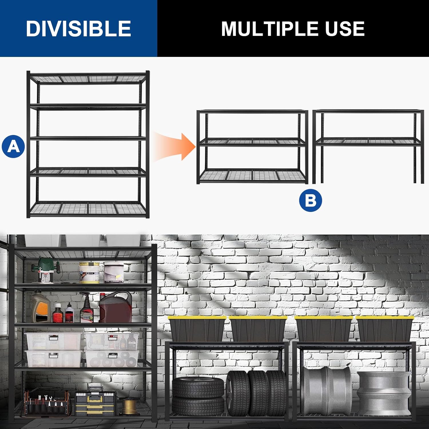 BILT HARD 60" W x 24" D Garage Shelving 3500 LBS, 72" H Storage Shelves, Heavy Duty 5-Tier Metal Shelving Units with Adjustable Shelf, Steel Wire Utility Storage Shelves